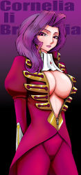 Rule 34 | 1girl, arms behind back, breasts, center opening, charlie cix, cleavage, code geass, cornelia li britannia, female focus, gradient background, highres, large breasts, long hair, long image, military, military uniform, purple eyes, purple hair, purple lips, solo, tall image, uniform, unzipped
