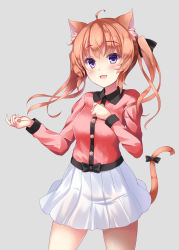 Rule 34 | 1girl, :d, ahoge, animal ears, black bow, blush, bow, breasts, brown hair, cat ears, cat girl, cat tail, collared shirt, commentary request, cowboy shot, fang, grey background, hair between eyes, hair bow, hand on own chest, hands up, highres, kouzuki fukurou, long sleeves, medium breasts, open mouth, original, pleated skirt, purple eyes, red footwear, shirt, simple background, skirt, smile, solo, tail, tail bow, tail ornament, twintails, white skirt