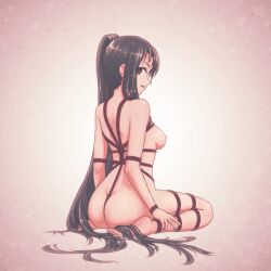 Rule 34 | 1girl, absurdly long hair, absurdres, ass, barefoot, bdsm, black hair, bondage, bound, breast bondage, breasts, brown eyes, completely nude, crotch rope, highres, kantai collection, long hair, medium breasts, nachi (kancolle), nipples, nude, red rope, rope, shibari, side ponytail, sitting, solo, very long hair, vorisar, wariza