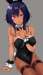 Rule 34 | 1girl, animal ears, bare shoulders, black hair, black leotard, bow, bowtie, breasts, collarbone, colored eyelashes, commentary request, covered navel, dark-skinned female, dark skin, detached collar, fake animal ears, fishnet thighhighs, fishnets, gomashi (goma), hair between eyes, highres, leotard, lips, medium breasts, mole, mole under mouth, original, pink eyes, playboy bunny, rabbit ears, shiny skin, short hair, sidelocks, simple background, sitting, solo, strapless, strapless leotard, thighhighs, thighs, wrist cuffs