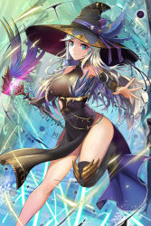 Rule 34 | 1girl, bare shoulders, blue eyes, boots, breasts, collarbone, covered navel, dress, gloves, hat, highres, holding, holding weapon, kisina, large breasts, long hair, looking at viewer, outstretched arms, seven knights, silver hair, single glove, smile, solo, staff, thigh boots, thighhighs, velika (seven knights), weapon, wings, witch hat
