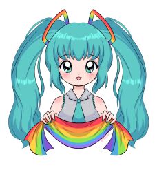 Rule 34 | 1990s (style), 1girl, :3, absurdres, blue eyes, blue hair, blue nails, blue necktie, blush, breasts, chellyko, flag, grey shirt, hatsune miku, highres, holding, lgbt pride, long hair, looking at viewer, medium breasts, necktie, open mouth, pride month, rainbow, rainbow flag, retro artstyle, shirt, sleeveless, sleeveless shirt, smile, standing, twintails, upper body, vocaloid, white background