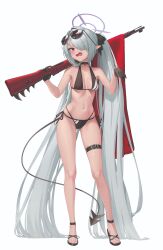 Rule 34 | 1girl, absurdres, bare arms, bare legs, bare shoulders, bikini, black bikini, black gloves, black tail, blue archive, blush, breasts, collarbone, dark-skinned female, dark skin, demon tail, eyewear on head, gloves, grey hair, gun, hair over one eye, halo, highres, holding, holding gun, holding weapon, iori (blue archive), iori (swimsuit) (blue archive), long hair, navel, official alternate costume, open mouth, pjman, pointy ears, purple halo, red eyes, sandals, small breasts, solo, sunglasses, swimsuit, tail, toes, twintails, weapon