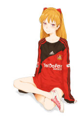 Rule 34 | 1girl, adidas, bad id, bad pixiv id, bayer 04 leverkusen, blush, brown hair, clothes writing, crossed legs, full body, germany, highres, indian style, interface headset, jersey, long hair, neon genesis evangelion, oversized clothes, raglan sleeves, shoes, simple background, sitting, smile, soccer, soccer uniform, solo, souryuu asuka langley, sportswear, tamaoki benkyou, white background