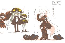 Rule 34 | 10s, 4girls, abyssal ship, aircraft carrier princess, black dress, black hair, cape, chibi, dress, closed eyes, grey hair, high heels, kantai collection, kuchiku i-kyuu, long hair, multiple girls, no nose, one side up, open mouth, rebecca (keinelove), ri-class heavy cruiser, ro-class destroyer, side ponytail, sketch, sweat, translation request, tsu-class light cruiser, very long hair, white hair, wo-class aircraft carrier, yellow eyes