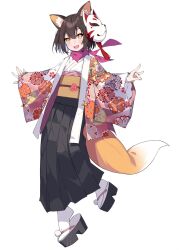 Rule 34 | 1girl, animal ear fluff, animal ears, black skirt, blue archive, blush, brown hair, eyeshadow, fang, floral print dress, fox ears, fox girl, fox mask, fox shadow puppet, fox tail, geta, hair ornament, haori, highres, izuna (blue archive), japanese clothes, looking at viewer, makeup, mask, platform clogs, raccoon hair ornament, red eyeshadow, red scarf, sash, scarf, simple background, skin fang, skirt, smile, solo, suimz, tabi, tail, white background, wide sleeves, yellow eyes