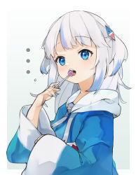 Rule 34 | 1girl, blue eyes, blue hair, blue hoodie, blue nails, candy, commentary request, food, food in mouth, gawr gura, hair ornament, highres, holding, holding candy, holding food, holding lollipop, hololive, hololive english, hood, hood down, hoodie, lollipop, long hair, long sleeves, looking at viewer, mimizuku (mmiganaru), multicolored hair, nail polish, open mouth, shark hair ornament, silver hair, solo, streaked hair, two side up, upper body, virtual youtuber, wide sleeves
