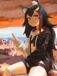 Rule 34 | 1girl, :3, animal ear fluff, animal ears, bare legs, black choker, black hair, black hoodie, black shorts, breasts, choker, closed mouth, commentary, day, hair ornament, highres, hololive, hood, hoodie, long hair, long sleeves, looking at viewer, medium breasts, mozuya (hisai), multicolored hair, ookami mio, ookami mio (casual), outdoors, paw print, paw print pattern, red hair, rock, short shorts, shorts, sitting, smile, solo, streaked hair, tail, thighs, two-tone hair, two-tone sweater, united states, v, virtual youtuber, white hoodie, wolf ears, wolf tail, yellow eyes