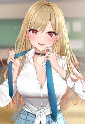 Rule 34 | 1girl, bag, barbell piercing, black choker, blonde hair, blue necktie, blue skirt, blush, breast pocket, breasts, choker, classroom, cleavage, collarbone, collared shirt, colored tips, commentary, ear piercing, earrings, fake nails, fingernails, gyaru, highres, industrial piercing, jewelry, kitagawa marin, large breasts, leaning forward, light particles, long fingernails, long hair, looking at viewer, loose necktie, multicolored hair, multiple earrings, nail polish, necktie, unworn necktie, open mouth, piercing, pink nails, pleated skirt, pocket, red eyes, school uniform, shirt, shirt tucked in, skirt, sky, smile, solo, sono bisque doll wa koi wo suru, symbol-only commentary, uiri-na, unbuttoned, unbuttoned shirt, undressing, white shirt