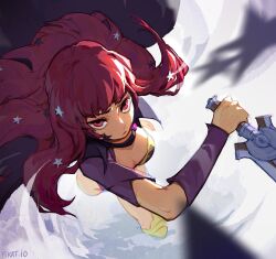 Rule 34 | 1girl, absurdres, artist name, black cape, bodysuit, breasts, cape, cleavage, closed mouth, facial mark, fire emblem, fire emblem engage, hair ornament, highres, holding, holding weapon, knife, large breasts, long hair, looking at viewer, nintendo, pikat, red eyes, red hair, solo, star (symbol), star facial mark, star hair ornament, weapon, yunaka (fire emblem)
