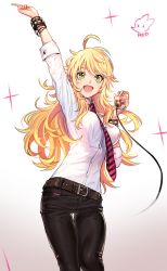 Rule 34 | 1girl, :d, ahoge, arm up, bad id, bad pixiv id, belt, blonde hair, breasts, curly hair, dress shirt, gradient background, green eyes, hoshii miki, idolmaster, idolmaster (classic), index finger raised, leather, leather pants, long hair, microphone, necktie, open mouth, pants, rod (rod4817), shirt, smile, solo, thigh gap