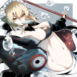 Rule 34 | 1girl, artoria pendragon (all), artoria pendragon (fate), black sweater, fate/grand order, fate (series), food, gin moku, hairband, holding, looking at viewer, mouth hold, navel, popsicle, ribbon, saber alter, sweater, swimsuit, water, water gun