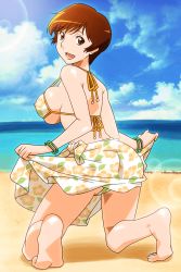 Rule 34 | 1girl, barefoot, beach, bikini, breasts, brown eyes, brown hair, clothes lift, day, floral print, full body, halterneck, kneeling, large breasts, lens flare, looking at viewer, looking back, non-web source, official art, open mouth, outdoors, photoshop (medium), sand, sarong, sarong lift, shiny skin, short hair, solo, strap gap, super real mahjong, swimsuit, tanaka ryou, toyohara etsuko, water