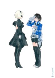Rule 34 | 2b (nier:automata), 2girls, akira howard (female), astral chain, back cutout, black blindfold, black dress, black hairband, blindfold, boots, brown eyes, brown hair, clothing cutout, covered eyes, cross-laced footwear, dress, feather-trimmed sleeves, full body, hairband, high heel boots, high heels, highleg, highleg leotard, jacket, juliet sleeves, kumaponn, lace-up boots, leotard, long sleeves, mole, mole under mouth, multiple girls, nier:automata, nier (series), nintendo, police, police uniform, puffy sleeves, short hair, simple background, square enix, thighhighs, thighhighs under boots, uniform, vambraces, white background, white leotard
