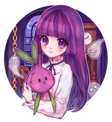 Rule 34 | 1girl, blush, cookie run, crying, crying with eyes open, ghost, long hair, long sleeves, looking at viewer, onion cookie, purple eyes, purple hair, solo, stuffed toy, suo (06), tears, transparent background