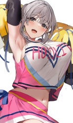 Rule 34 | 1girl, alternate costume, armpits, arms up, blush, braid, breasts, cheerleader, copyright name, elbow sleeve, flying sweatdrops, green eyes, grey hair, highres, hololive, large breasts, looking at viewer, midriff, mole, mole on breast, navel, niii (memstapak), open mouth, pink skirt, pom pom (cheerleading), shirogane noel, short hair, skirt, smile, solo, sweat, teeth, upper teeth only, virtual youtuber