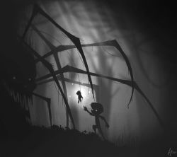 Rule 34 | 1boy, bone, bug, corpse, dark, forest, glowing, glowing eyes, grass, greyscale, limbo (game), missph, monochrome, nature, outstretched arm, reaching, sharp teeth, shorts, signature, silhouette, smirk, spider, stuffed animal, stuffed toy, teddy bear, teeth