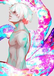 Rule 34 | 1boy, absurdres, closed mouth, collarbone, from side, grey background, highres, kagune (tokyo ghoul), kaneki ken, kyuuba melo, looking up, male focus, nude, red eyes, solo, tokyo ghoul, white hair