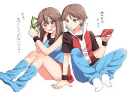Rule 34 | 1boy, 1girl, arm support, blue pants, blue socks, blush, brown eyes, brown hair, commentary request, creatures (company), game freak, hand up, handheld game console, hands up, holding, holding handheld game console, leaf (pokemon), long hair, loose socks, nintendo, panties, pants, parted lips, pokemon, pokemon frlg, red (pokemon), red skirt, scbstella, shirt, short hair, sitting, skirt, sleeveless, sleeveless jacket, sleeveless shirt, socks, sweatdrop, t-shirt, translation request, underwear, white background, white socks, wristband