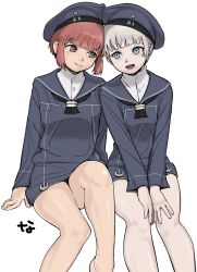 Rule 34 | 2girls, anchor, bare legs, blue eyes, brown eyes, dress, feet out of frame, hat, heads together, highres, ibispaint (medium), kantai collection, kriegsmarine, looking at another, multiple girls, nanja, open mouth, red hair, sailor collar, sailor dress, sailor hat, short hair, silver hair, simple background, sitting, smile, thighs, white background, z1 leberecht maass (kancolle), z3 max schultz (kancolle)
