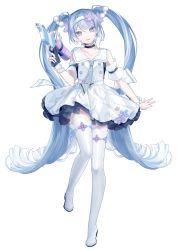 Rule 34 | 1girl, absurdres, blue eyes, blue flower, blue hair, boots, bracelet, dress, flower, full body, grey neckwear, hair between eyes, hair flower, hair ornament, hairband, hatsune miku, head tilt, highres, holding, jewelry, liita (dusk snow), long hair, looking at viewer, parted lips, pearl bracelet, pleated dress, purple flower, simple background, sleeveless, sleeveless dress, smile, solo, standing, standing on one leg, thigh boots, thighhighs, twintails, very long hair, vocaloid, water gun, white background, white dress, white footwear, white hairband, white thighhighs