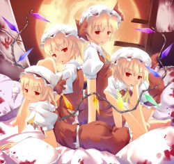 Rule 34 | 4girls, barefoot, bed, blonde hair, blood, clone, expressionless, female focus, flandre scarlet, hat, ichio, multiple girls, pillow, red eyes, short hair, touhou, wings