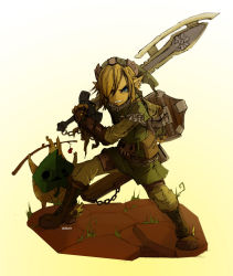 Rule 34 | 1boy, adapted costume, belt, blonde hair, blue eyes, boots, chain, daltair, earrings, fighting stance, gloves, hair over one eye, holding sword, jewelry, link, makar, male focus, master sword, nintendo, pointy ears, scabbard, sheath, shield, solo, sword, the legend of zelda, the legend of zelda: the wind waker, weapon