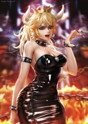 Rule 34 | 1girl, adapted costume, backlighting, bare shoulders, black dress, black nails, blonde hair, blue eyes, blurry, blurry background, bowsette, bracelet, breasts, brooch, chain, claw pose, cleavage, clenched hand, collar, cowboy shot, dcwj, dress, earrings, eyelashes, eyeliner, eyeshadow, female focus, fingernails, fire, frown, hand up, highres, horns, jewelry, latex, latex dress, light particles, long hair, looking at viewer, makeup, mario (series), medium breasts, nail polish, new super mario bros. u deluxe, nintendo, nose, ponytail, sharp fingernails, sharp teeth, shiny clothes, shiny skin, short dress, short hair, sidelocks, signature, solo, sparkle, spiked bracelet, spiked collar, spikes, super crown, teeth, tight clothes, tight dress