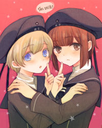 Rule 34 | 10s, 2girls, :o, beret, blonde hair, blue eyes, blush, brown eyes, brown hair, clothes writing, finger to mouth, fingernails, german text, hand on another&#039;s shoulder, hat, kantai collection, long sleeves, military, military uniform, multiple girls, neckerchief, open mouth, pink background, pointing, sailor collar, sanada nako, short hair, shushing, speech bubble, star (symbol), translated, uniform, upper body, z1 leberecht maass (kancolle), z3 max schultz (kancolle)
