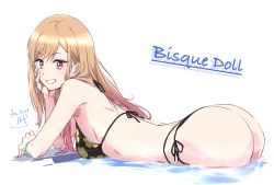 Rule 34 | 1girl, ass, bead bracelet, beads, bikini, black bikini, blonde hair, bracelet, breasts, clenched teeth, commentary request, dated, ear piercing, floral print, from side, gradient hair, halterneck, highres, jewelry, kitagawa marin, long hair, looking at viewer, medium breasts, multicolored hair, nii manabu, partially submerged, piercing, print bikini, red eyes, side-tie bikini bottom, signature, simple background, smile, solo, sono bisque doll wa koi wo suru, string bikini, swimsuit, teeth, water, white background