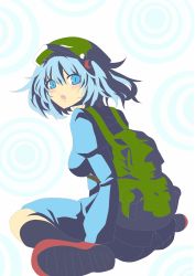 Rule 34 | 1girl, backpack, bad id, bad pixiv id, bag, black socks, blue eyes, blue hair, blue shirt, breasts, green hat, hair bobbles, hair ornament, hat, highres, kawashiro nitori, looking at viewer, matching hair/eyes, matsukei, open mouth, red footwear, shirt, shoes, slit pupils, socks, solo, touhou, twintails, two side up