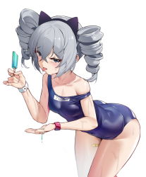 Rule 34 | 1girl, ass, bandaid, bandaid on leg, bare shoulders, black hairband, blue eyes, blue one-piece swimsuit, blush, breasts, bronya zaychik, chinese commentary, collarbone, covered navel, crossed bangs, drill hair, ginklaga, grey hair, hair between eyes, hairband, half-closed eyes, highres, holding, honkai (series), honkai impact 3rd, leaning forward, looking at viewer, medium hair, off shoulder, one-piece swimsuit, saliva, school swimsuit, simple background, small breasts, smile, solo, standing, sweat, swimsuit, thighs, tongue, tongue out, twin drills, white background