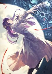 Rule 34 | 1girl, casting spell, dress, fadingz, fern (sousou no frieren), highres, long hair, looking at viewer, mage staff, magic, purple eyes, purple hair, solo, sousou no frieren, white dress