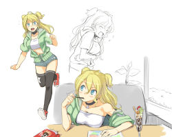 Rule 34 | 1girl, bare shoulders, black thighhighs, blonde hair, blue eyes, breasts, character sheet, cleavage, closed eyes, collarbone, denchuubou, female focus, food, full body, green jacket, hair between eyes, indoors, jacket, laughing, long hair, looking up, lucy smith, multiple views, new horizon, official art, partially colored, pocky, short sleeves, smile, thighhighs, white background