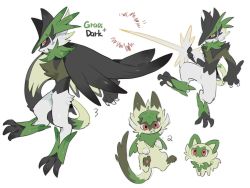 Rule 34 | 1boy, :3, black fur, body fur, bright pupils, brown fur, claws, closed mouth, creatures (company), english text, evolutionary line, fakemon, fang, fang out, fangs, fangs out, full body, furry, furry male, game freak, green fur, happy, highres, holding tail, jpeg artifacts, leaf, leaf on head, looking at viewer, multiple views, neck fur, nintendo, pawpads, pokemon, pokemon (creature), profile, red eyes, rx chuang, simple background, sketch, smile, sprigatito, standing, tail, white background, white fur, white pupils