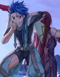 Rule 34 | 1boy, 1girl, angry, armor, asymmetrical bangs, automney, belt, blue hair, bodysuit, bodysuit under clothes, braid, braided ponytail, capelet, child, closed mouth, clothing cutout, cu chulainn (fate), earrings, fate/grand order, fate/grand order arcade, fate (series), gae bolg (fate), jewelry, long hair, looking back, muscular, muscular child, pauldrons, ponytail, puffy pants, purple hair, red eyes, scathach (fate), setanta (fate), shoulder armor, single braid, skin tight, spiked hair, sweat, thigh cutout