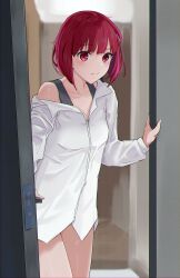 Rule 34 | 1girl, absurdres, arima kana, black tank top, blurry, blurry background, bob cut, breasts, chromatic aberration, cleavage, closed mouth, collarbone, collared shirt, commentary, doorway, dress shirt, ewz, highres, indoors, inverted bob, long sleeves, looking at viewer, medium hair, opening door, oshi no ko, pov doorway, puffy sleeves, red eyes, red hair, shirt, single off shoulder, small breasts, solo, tank top, white shirt