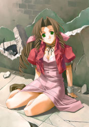 Rule 34 | 1990s (style), 1girl, aerith gainsborough, akaten, bow, brown hair, cropped jacket, dress, final fantasy, final fantasy vii, green eyes, jacket, long hair, pink bow, pink dress, ribbon, smile, solo