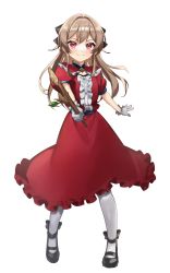 Rule 34 | 1girl, aged down, black footwear, blush, brown hair, center frills, closed mouth, dress, frills, full body, furen e lustario, gloves, hair intakes, highres, holding, holding stick, long hair, looking at viewer, morimori chikka, nijisanji, outstretched arm, pantyhose, red dress, red eyes, short sleeves, simple background, smile, solo, standing, stick, strappy heels, virtual youtuber, white background, white gloves, white pantyhose