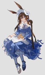 Rule 34 | 1girl, amiya (arknights), animal, animal ears, apron, arknights, black footwear, blue bow, blue dress, blue eyes, bow, brown hair, closed mouth, collar, dress, dress bow, dress flower, flower, frilled dress, frills, grey background, hair between eyes, hair bow, hair rings, head tilt, headdress, highres, holding, holding animal, invisible chair, jewelry, long hair, looking at viewer, mary janes, rabbit, rabbit ears, rabbit girl, ring, rose, satsuya, shoes, simple background, sitting, sleeveless, sleeveless dress, socks, solo, white apron, white collar, white flower, white rose, white socks