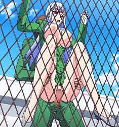Rule 34 | 1boy, 1girl, animated, animated gif, blue hair, bouncing breasts, bra, bra lift, breasts, breasts out, carrying, censored, chain-link fence, clothes lift, fence, held up, hetero, large breasts, long hair, mira campbell, mizuryu kei, no panties, oideyo! shiritsu yarimari gakuen, open clothes, open shirt, outdoors, poro, red eyes, reverse suspended congress, rooftop, school, school uniform, sex, sex from behind, shirt, skirt, skirt lift, sky, stitched, third-party edit, underwear, vaginal