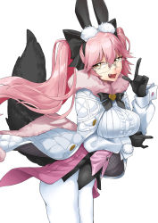 Rule 34 | 1girl, :d, absurdres, animal ears, black bow, black gloves, black leotard, bow, breast hold, breasts, commentary, cowboy shot, fake animal ears, fang, fate/grand order, fate (series), fox girl, fox tail, glasses, gloves, hair between eyes, heart, highres, index finger raised, jacket, koyanskaya (assassin) (second ascension) (fate), koyanskaya (fate), leotard, long sleeves, looking at viewer, open mouth, pantyhose, pink hair, playboy bunny, shadow, smile, solo, stst151553, tail, tail raised, tamamo (fate), twintails, white pantyhose, white sleeves, wrist cuffs, yellow eyes