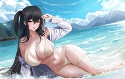 Rule 34 | 1girl, absurdres, arm up, azur lane, beach, bikini, black hair, blue sky, breasts, cleavage, cloud, commentary, day, highres, horizon, large breasts, long hair, looking at viewer, lying, mountain, navel, ocean, official alternate costume, on side, one side up, pulling own clothes, red eyes, shirt, sky, smitcuk, solo, stomach, strap pull, swimsuit, taihou (azur lane), taihou (seaside daydreams) (azur lane), thigh strap, thighs, tongue, tongue out, very long hair, water, wet, white bikini, white shirt