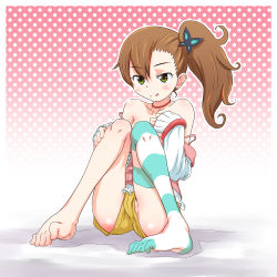 Rule 34 | 1girl, :q, bare shoulders, barefoot, blush, brown hair, butterfly hair ornament, choker, chousoku henkei gyrozetter, de (deys), feet, green eyes, hair ornament, inaba rinne, long hair, no panties, partially visible vulva, pussy, pussy peek, shorts, side ponytail, single thighhigh, solo, striped clothes, striped thighhighs, thighhighs, toes, tongue, tongue out, upshorts