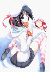 Rule 34 | 1girl, beret, black hair, blue eyes, blue hair, bow, buttons, chocolate, from behind, hat, highres, looking back, mittens, pleated skirt, sad, scan, scarf, shoes, short hair, sitting, skirt, snow, solo, striped clothes, striped thighhighs, suzuhira hiro, tears, thighhighs, valentine, wariza
