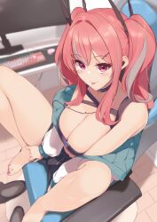 Rule 34 | 1girl, absurdres, azur lane, breasts, bremerton (azur lane), chair, cleavage, computer, earbuds, earphones, feet, gaming chair, hair ornament, hairclip, hayato rikin, highres, large breasts, mole, mole on breast, monitor, multicolored hair, nail polish, slippers, unworn slippers, streaked hair, swivel chair, toenail polish, toenails, tongue, tongue out