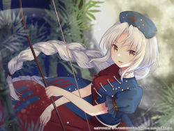 Rule 34 | 1girl, arrow (projectile), artist request, asymmetrical clothes, bagua, bamboo, bamboo forest, bow (weapon), braid, braided ponytail, constellation print, copyright notice, dress, forest, frilled dress, frills, hat, highres, long hair, looking at viewer, looking to the side, moon, nature, nurse cap, open mouth, puffy short sleeves, puffy sleeves, second-party source, short sleeves, silver hair, solo, touhou, touhou danmaku kagura, trigram, weapon, yagokoro eirin, yellow eyes