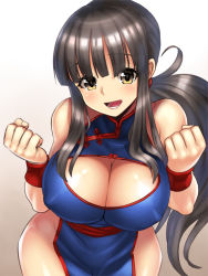 Rule 34 | 1girl, :d, bare shoulders, black hair, blush, breasts, brown eyes, chi-chi (dragon ball), chinese clothes, cleavage, cleavage cutout, clenched hands, clothing cutout, dragon ball, covered erect nipples, hime cut, large breasts, long hair, looking at viewer, open mouth, smile, solo, wristband, yapo (croquis side)