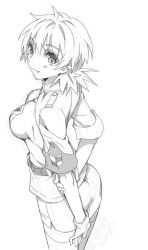 Rule 34 | 1girl, arms behind back, ass, belt, breast pocket, breasts, closed mouth, fang, from behind, greyscale, hellsing, kayama (fukayama), large breasts, looking back, low twintails, military, military uniform, miniskirt, monochrome, pencil skirt, pocket, seras victoria, shirt, short hair, simple background, sketch, skirt, sleeves rolled up, solo, taut clothes, taut shirt, thighhighs, twintails, uniform, white background