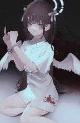 Rule 34 | 1girl, absurdres, angel, angel wings, belt, blood, blood on clothes, brown hair, closed mouth, cuffs, dress, hair ribbon, halo, hands up, highres, long hair, looking at viewer, middle finger, migihidari (puwako), nail polish, original, red eyes, red nails, ribbon, sitting, smile, solo, thigh strap, white belt, white dress, white ribbon, white wings, wings, yokozuwari